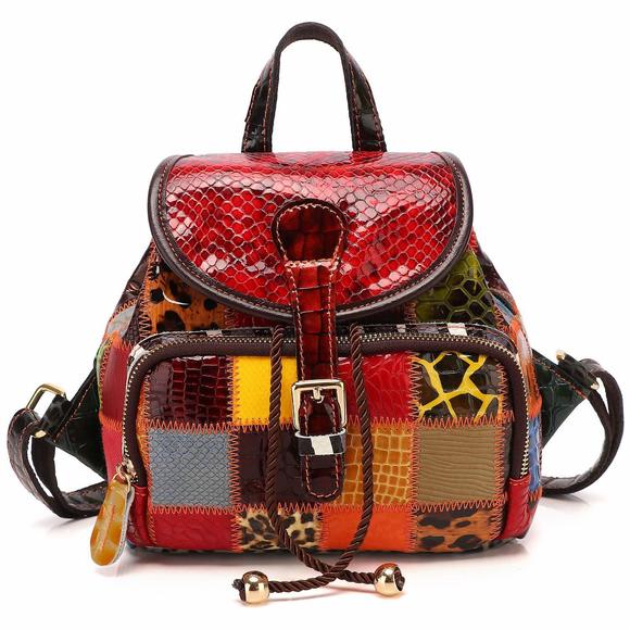 Fashion Women Multicolor Backpack Leather Colorful Patchwork